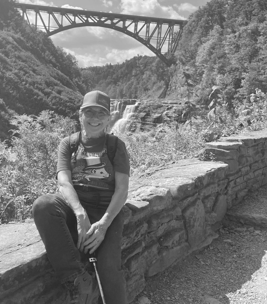 Photo of the author's mother, sitting on a stone wall, with a waterfall and a train trestle in the distance.